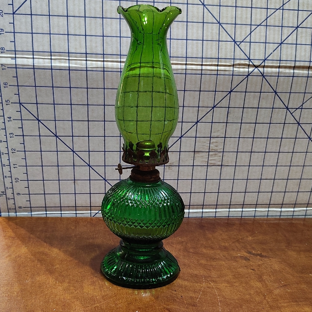 Vintage Green Glass Oil Lamp